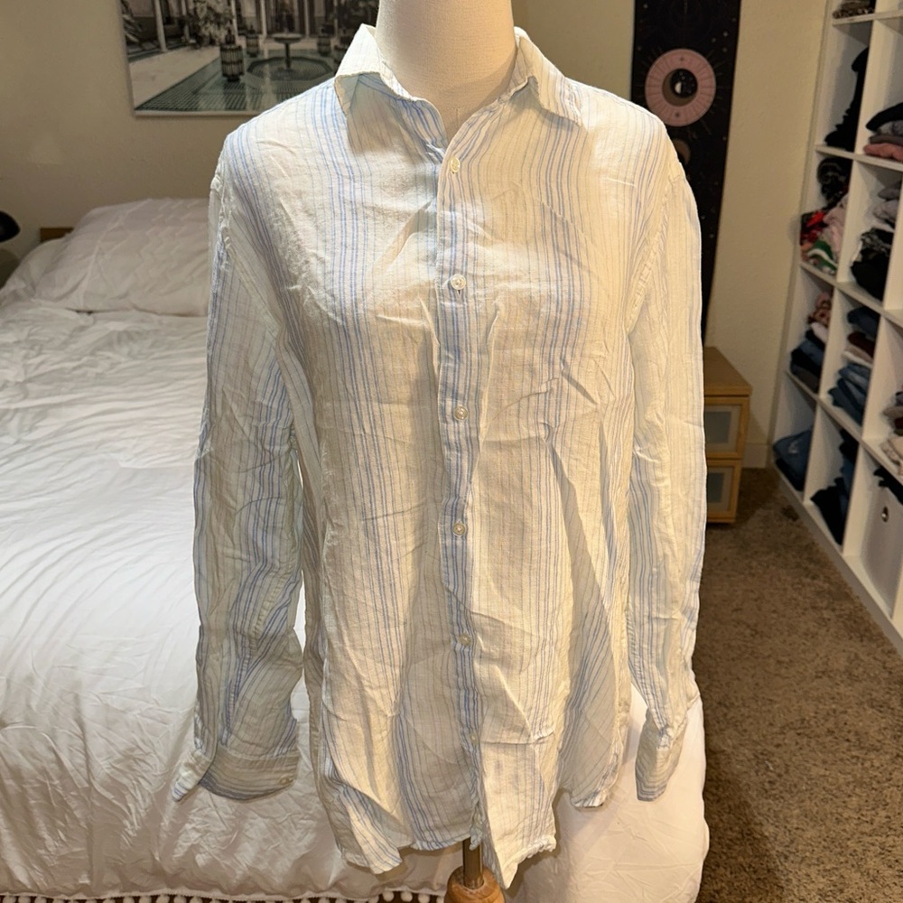 Claiborne | Vintage 100% Linen Striped Button Down Shirt Blue Green White M